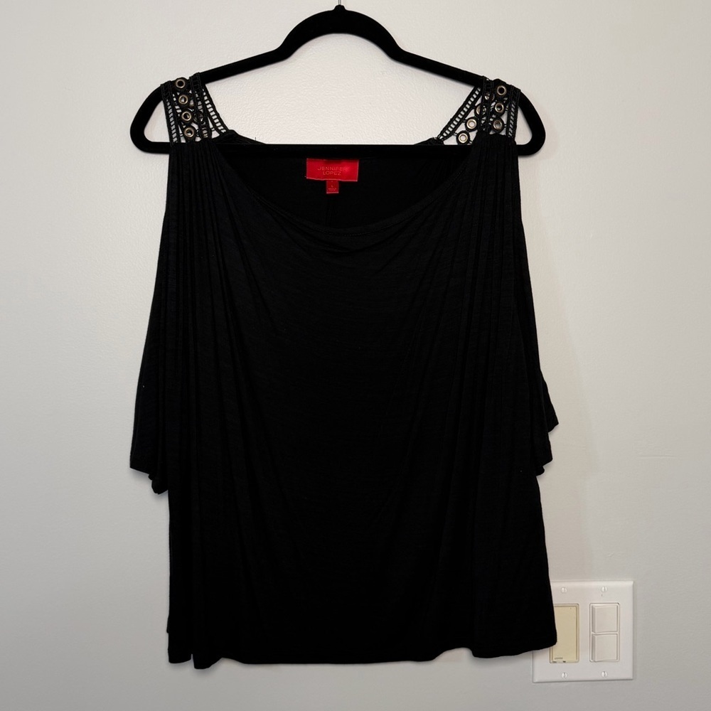 Jennifer Lopez Black Blouse with Lace Shoulders